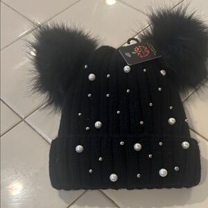 Elegant Black Beanie with Pearls and Pom-Poms